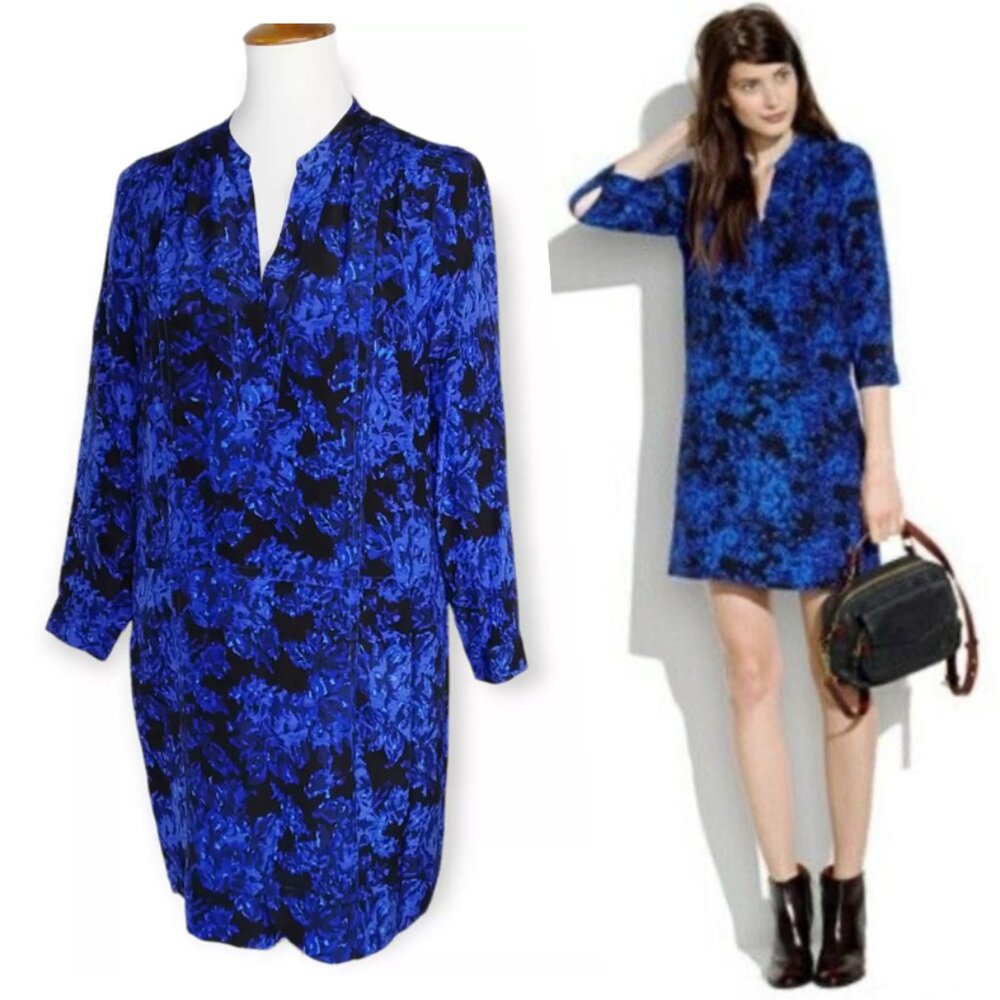MADEWELL Floral Printed Silk Tunic Shift Dress - Navy/Black, Size S